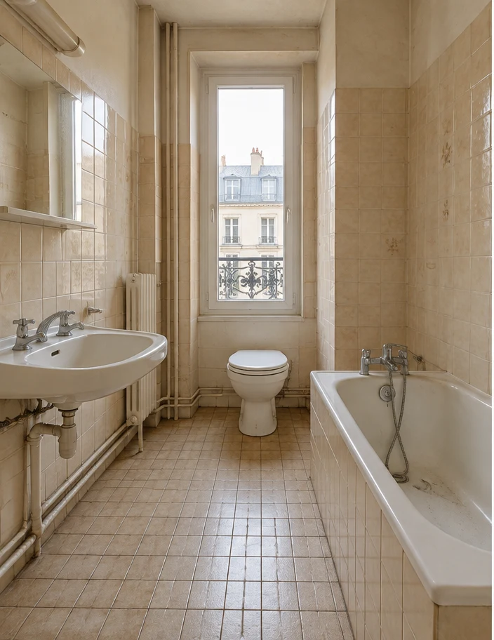 Rénovation complète d’une salle de bains : vue avant intervention (illustration)